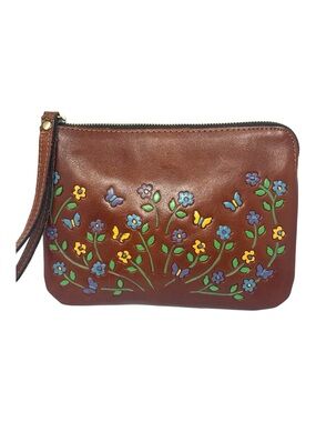 Patricia Nash Cassini Brown Leather Wristlet Clutch Tooled Floral Hand Painted